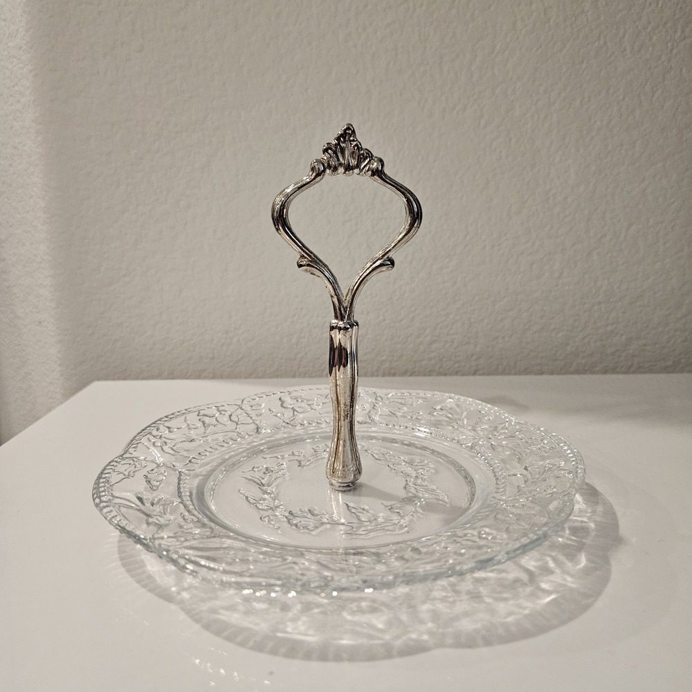 Vintage Crystal Center Piece With Silver Plated Handle Kingston Decor Plate Dish